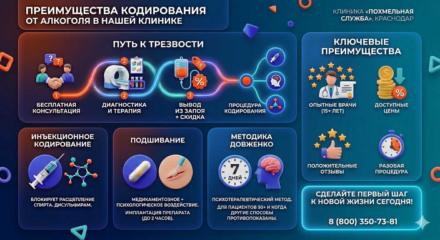Инфографика о методах кодирования от алкоголя в Сосновском: инъекции, подшивание, метод Довженко. Преимущества клиники и этапы лечения.