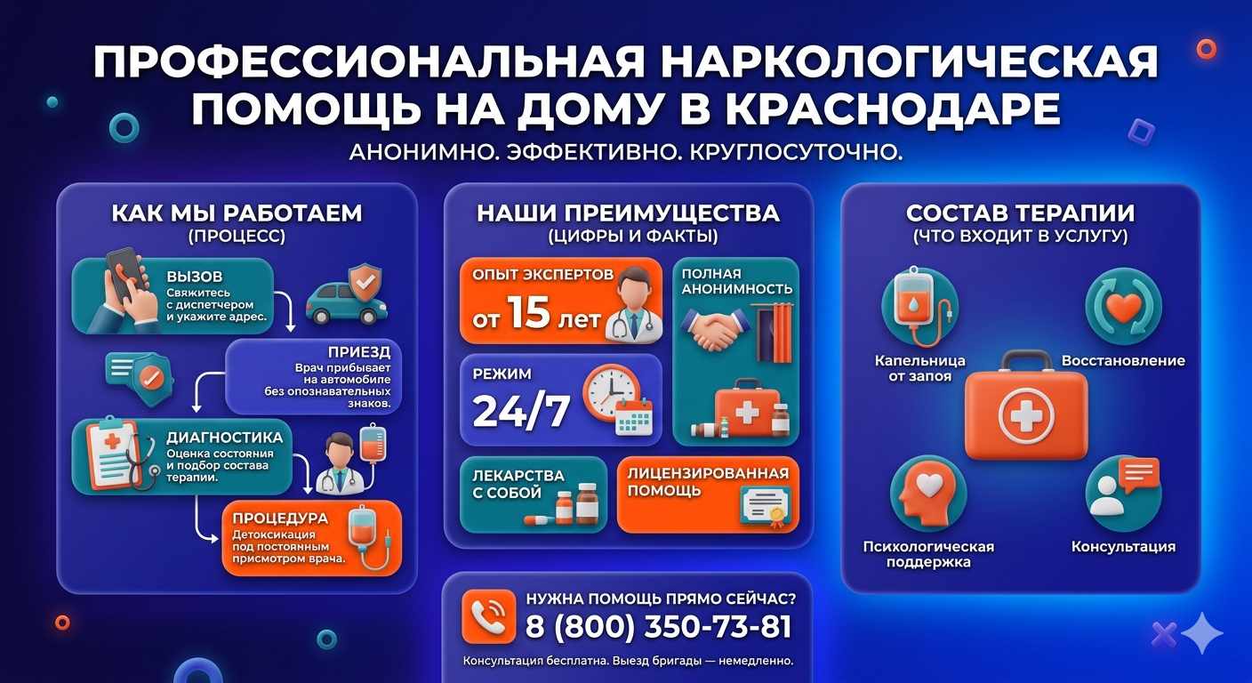 Инфографика о принципах лечения алкоголизма на дому в Сосновском: этапы вызова нарколога, преимущества анонимной детоксикации и состав медицинской помощи.